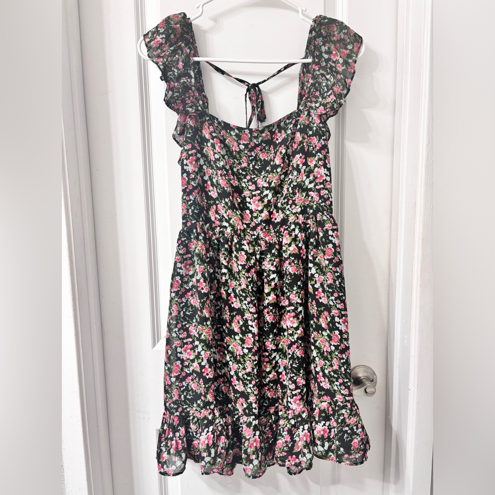 Current Mood Springtime Sadness Floral Chiffon Open Back Ruffle Mini Dress M